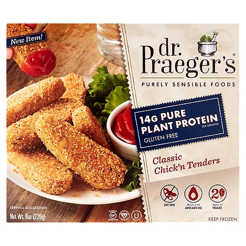 Dr. Praeger's Classic Chick'n Tenders, 8 oz
Pure Plant Protein
Our Pure Plant Protein Classic Chick'n Tenders were created with delicious, high-quality pea protein combined with avocado oil and different types of veggies. We've got flavors that'll make your taste buds do a happy dance!