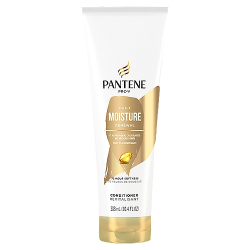 PANTENE PRO-V Daily Moisture Renewal Conditioner, 10.4 oz/308 mL
HARD WORKING, LONG LASTING 
Your haircare should work as hard as you do. Pantene Pro-V Daily Moisture Renewal Conditioner visibly replenishes dry hair for softness and hydration. This formula contains 2x more nutrients for 72+ hours of softness. This moisturizing conditioner is color-safe and crafted with protective anti-oxidants, strengthening lipids, and pH balancers for rich hair hydration, leaving you with strong and healthy strands. With Pantene Pro-V Daily Moisture Renewal Conditioner, say goodbye to dry locks and unleash soft, hydrated hair that looks and feels beautiful for longer. 

2X MORE NUTRIENTS, LASTS FOR 72+ HOURS 
This Pantene Pro-V Conditioner is designed to be used with our complete Moisture Renewal Collection has 2x more nutrients to infuse your hair with optimal hydration. These powerful Moisture Renewal formulas work together to permeate every strand, fighting damage where it starts and hydrating hair from the inside out for results that last 72+ hours without washing. These formulas are crafted with Pro-V nutrients, protective anti-oxidants, Pro-Vitamin B5, and pH balancers, and made without parabens or colorants.

TO USE
Massage Pro-V Daily Moisture Renewal Conditioner into your cleansed, damp hair, making sure to pay special attention to your ends. Rinse thoroughly. For best results use with Pantene Pro-V Daily Moisture Renewal Shampoo. This color-safe hair moisturizer is gentle enough for everyday use on chemically-treated hair or color-treated hair, and gives you results that last for 72+ hours without washing.

0% Mineral Oil and Drying Alcohols*
*contains no ethanol

Refreshing Sophisticated Fragrance Blends Wild Berries, Fresh Floral and Creamy Vanilla Notes

Updated Formula with 2x Nutrients*
*Antioxidant Nutrients vs. 2021 Base Pantene Formula