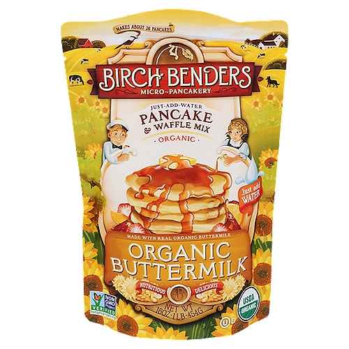 Birch Benders Organic Buttermilk Pancake & Waffle Mix, 16 oz
Just add water, mix and make for Organic Buttermilk Pancakes & Waffles in minutes. Buttermilk pancakes: so good from a restaurant, so flat from a box. We're here to change that! We rely on farm-fresh organic buttermilk and organic wheat flour to make these pancakes rise above the rest.