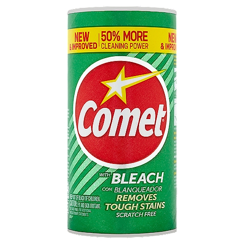 Comet Cleaner with Bleach, 14 oz
For the toughest cleaning problems all around your house. This all-purpose cleanser now has 50% more cleaning power! It cleans and deodorizes porcelain, stainless steel, fiberglass, Corian® solid surfaces, natural marble, and glazed ceramic tile without scratching.†
†On delicate surfaces like plastic, imitation marble and appliance enamel, use plenty of water, rub gently and rinse. For unfamiliar surfaces, test small area first. Do not use on silver, painted surfaces, walls, soft plastic, aluminum or rubber items (except tires). Do not mix with other products, especially toilet bowl cleaners or products that contain ammonia.