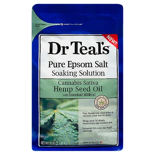 Dr Teal's Cannabis Sativa Hemp Seed Oil Pure Epsom Salt Soaking Solution, 3 lbs
Pure epsom salt to help ease aches and pains + hemp seed oil for intense moisture + white thyme & bergamot to quiet the mind

Dr Teal's® soaking solution combines pure epsom salt (magnesium sulfate usp) with hemp seed oil (cannabis sativa) to help revitalize tired, achy muscles and deeply moisturize the skin.

A blend of white thyme, cedarwood & bergamot essential oils create a soothing soaking experience that helps calm the mind and provide relief from stress.