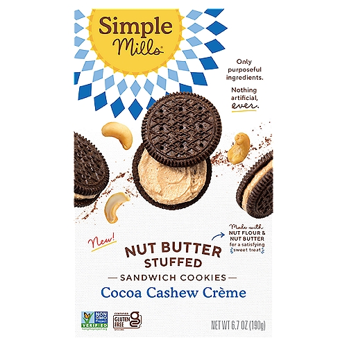 Simple Mills Cocoa Cashew Crème Nut Butter Stuffed Sandwich Cookies, 6.7 oz
Why Cashews?
We use nuts in the cookies and the filling. Cashews deliver good fats, vitamins and minerals including zinc, magnesium and B6.
