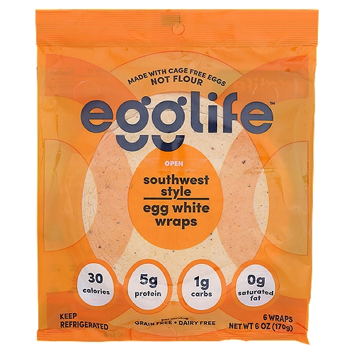 Egglife Southwest Style Egg White Wraps, 6 count, 6 oz
Welcome to Egglife™, the biggest bang for your bite. Like so many others, I don't want to eat a lot of carbs or sugars and I want to eat more protein. So I began creating my own foods in my kitchen, using egg whites because they have high-quality protein. And they taste great! I can now enjoy my favorite foods like wraps, pasta and snacks. My first product is tortilla style wraps. These Egglife™ wraps are made without using flour, just egg whites and a few simple ingredients. I hope you enjoy the taste, I'd love to hear from you!
Peggy Johns
- Egglife® creator

Egglife™ wraps are the perfect wrap™ with 1 gram of carbs or less, 5 grams of protein and 30 calories or less per serving.