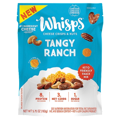 Whisps Cheese Crisps & Nuts Tangy Ranch Keto Friendly Snack Mix, 5.75 oz
100% Cheddar Cheese Crisps Mixed with Roasted Almonds, Cashews, & Pecans

Snacks by Cheese Cheese Cheese people

Is there anything Ranch can't do?
Call us nutty, but we'd bet the ranch that you will love this expert blend of Cheddar Whisps, roasted almonds, cashews, and pecans all tumbled together with our fan-favorite Tangy Ranch spice. It's savory, satisfying, and perfectly ranchy!
5g Total Carbs - 2g Fiber = 3g Net Carbs per serving