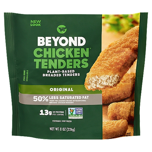 Beyond Meat Beyond Chicken Original Plant-Based Breaded Tenders, 8 oz
Saturated fat comparison per serving
Leading brand of Breaded Chicken Nuggets (90g) 4g
Beyond Chicken® Tenders (80g) 2g