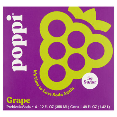 Poppi Grape Prebiotic Soda, 12 fl oz, 4 count