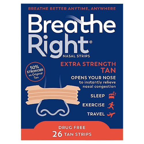 Breathe Right Extra Strength Nasal Strips, 26 count
Breathe Right® Extra Strength is 50% stronger than original strips to help you breathe even better.

Instantly relieves nasal congestion due to:
■ Allergies
■ Colds
■ Deviated septum

The Only Nasal Strip that Uses 3M™ Adhesive