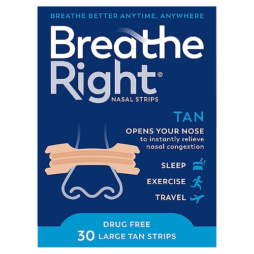 Breathe Right Original Large Nasal Strips, 30 count
Instantly relieves nasal congestion due to:
■ Allergies
■ Colds
■ Deviated septum
Reduces snoring caused by nasal congestion

The Only Nasal Strip that Uses 3M™ Adhesive