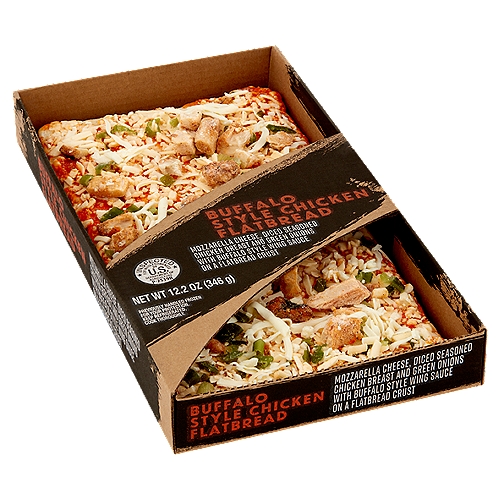 Great Kitchens Buffalo Style Chicken Flatbread, 12.2 oz
Mozzarella Cheese, Diced Seasoned Chicken Breast and Green Onions with Buffalo Style Wing Sauce on a Flatbread Crust