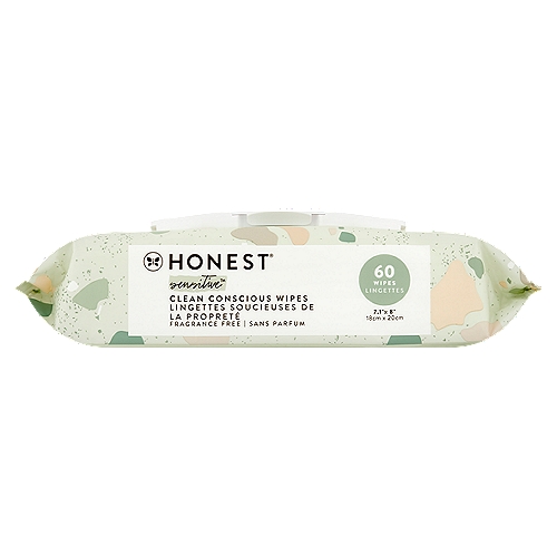Honest Sensitive Clean Conscious Wipes, 60 count
Compostable Wipes*
*Suitable for municipal or home-composting conditions.
For municipal: Always check for the availability and acceptance of municipal/institutional composting facilities as they may be limited in your area.
For home: Do not compost if wipes are used to clean non-compostable items like human/animal waste or mixed with cleaning soaps/sprays. Generally, wipes shouldn't be more than 10% of your compost heap.

Mind. Fully. Made.™

With:
🗸 Soft Wipe Cloth
100% plant-based viscose
🗸 Water (Aqua)
Over 99% water
🗸 Sorbitan Oleate Decylglucoside Crosspolymer
Plant-derived surfactant (cleanser)
🗸 Citric Acid
Plant-derived pH adjuster
🗸 Caprylyl Glycol
Preservative
🗸 Trisodium Ethylenediamine Disuccinate
Chelator
🗸 Ethylhexyglycerin
Preservative
🗸 Sodium Benzoate
Preservative

Without:
x Plastic Wipes
x Fragrances
x Parabens
x Phenoxyethanol
x Chlorine Processing
x Benzalkonium Chloride (BZK)