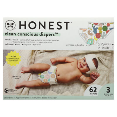 Honest Clean Conscious Diapers 3 Giggly Boo (16-28 lbs) Diapers Size 3 62 ea