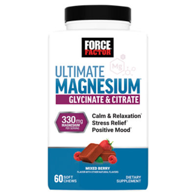 Force Factor Ultimate Magnesium Glycinate & Citrate Mixed Berry Dietary Supplement, 60 Count