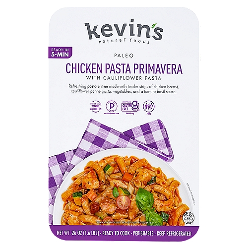 Kevin's Natural Foods Paleo Chicken Pasta Primavera with Cauliflower Pasta, 26 oz
Refreshing Pasta Entrée Made with Tender Strips of Chicken Breast, Cauliflower Penne Pasta, Vegetables, and a Tomato Basil Sauce.

Natural* foods
*Minimally Processed, No Artificial Ingredients.

The Perfect Pairing
This is gluten-free pasta done right! Made with cauliflower, this delicious pasta from Taste Republic is gluten-free and grain-free, with the same amazing taste and texture as ''regular'' pasta. Paired with our sous-vide chicken and mouth-watering sauce, it's a quick and delicious dinner you can feel good about.