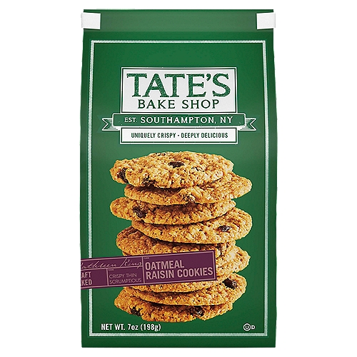 Tate's Bake Shop Oatmeal Raisin Cookies, 7 oz
One 7 oz bag of Tate's Bake Shop Oatmeal Raisin Cookies
Delicious oatmeal cookies with raisins and cinnamon
Thin kosher cookies are perfect for a quick sweet snack
Uniquely crispy baked cookies with a delicious texture
Add to a cookie tray for easy, sweet party snacks

Signature Thin Crispy Cookies Combining the Best of Ingredients and a Passion for Baking