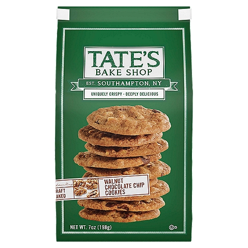 Tate's Bake Shop Walnut Chocolate Chip Cookies, 7 oz
Signature Thin Crispy Cookies Combining the Best of Ingredients and a Passion for Baking

One 7 oz bag of Tate's Bake Shop Walnut Chocolate Chip Cookies
Delicious chocolate chip cookie with walnuts
Thin crispy chocolate chip cookies with nuts are perfect for a quick sweet snack
Tate's Bake Shop chocolate chip cookies with walnuts are uniquely crispy baked cookies unlike other thin crispy chocolate cookies
Add to a cookie tray for easy, sweet party snacks