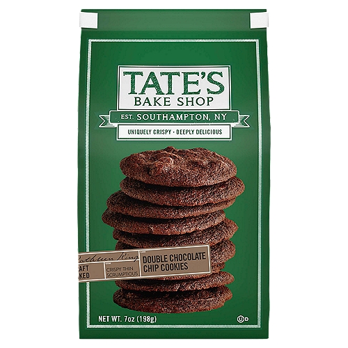 Tate's Bake Shop Double Chocolate Chip Cookies, 7 oz
One 7 oz bag of Tate's Bake Shop Double Chocolate Chip Cookies
Double chocolate chip cookies contain semi-sweet chocolate chips in a dark chocolate cookie
Thin crispy chocolate cookies are uniquely delicious
These baked cookies have a satisfying crispy texture
Add these kosher cookies to a cookie tray for parties

Signature Thin Crispy Cookies Combining the Best of Ingredients and a Passion for Baking