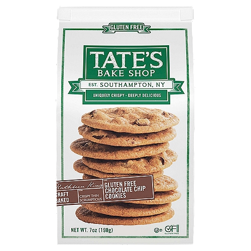 Tate's Bake Shop Gluten Free Chocolate Chip Cookies, Gluten Free Cookies, 7 oz
One 7 oz bags of Tate's Bake Shop Gluten Free Chocolate Chip Cookies
Gluten free cookie made with rice flour in a buttery, classic chocolate chip flavor
Tate's Bake Shop chocolate chip cookies without gluten are uniquely thin cookies unlike other thin crispy chocolate cookies
These baked gluten free cookies have a crispy texture
Add these kosher cookies to a cookie tray for parties