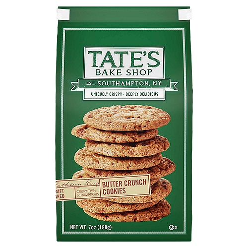 Tate's Bake Shop Butter Crunch Cookies, 7 oz
Deeply Delicious

Texture - Crispy Thin Scrumptious

Signature Thin Crispy Cookies Combining the Best of Ingredients and a Passion for Baking

One 7 oz bag of Tate's Bake Shop Butter Crunch Cookies
Delicious butter toffee cookies offer a sweet and salty flavor
Thin kosher cookies are perfect for a quick sweet and salty snack
Uniquely crispy baked cookies with a delicious texture
Add to a cookie tray for easy, sweet party snacks