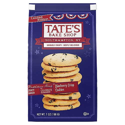 Tate's Bake Shop Blueberry Crisp Cookies, Limited Edition, 7 oz
One 7 oz bag of Tate's Bake Shop Limited Edition Blueberry Crisp Cookies
Delicious blueberry cookies have a buttery flavor with sweet blueberries for a refreshing summer treat
Thin kosher cookies are perfect for a quick sweet snack
Uniquely crispy baked cookies with a delicious texture
Add to a cookie tray for easy, sweet party snacks