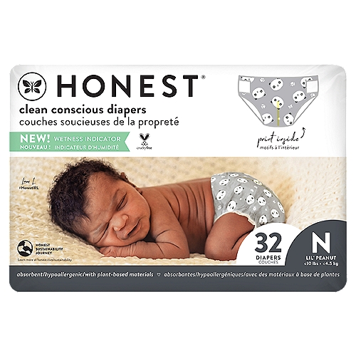 The Honest Company Clean Conscious Diapers - Pandas, Newborn, 32 CT
A. Belly button cutout
B. Quilted bubble liner
C. Diaper duty wetness indicator
D. Plant-based materials*
E. Quick absorb channel
*Made with sustainably harvested, totally chlorine-free fluff pulp and a plant-derived outer layer