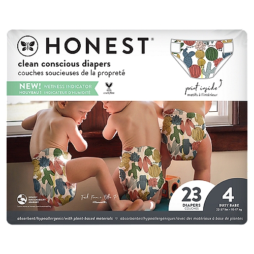 The Honest Company Clean Conscious Diapers - Size 4, Cactus Cuties, 23 CT
A. Super stretchy sides
B. Quilted bubble liner
C. Diaper duty wetness indicator
D. Plant-based materials*
E. Quick absorb channel
*Made with sustainably harvested, totally chlorine-free fluff pulp and a plant-derived outer layer