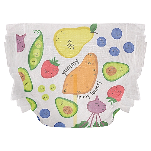 The Honest Company Clean Conscious Diapers - So Delish, Size 5, 20 CT
A. Super stretchy sides
B. Quilted bubble liner
C. Diaper duty wetness indicator
D. Plant-based materials*
E. Quick Absorb Channel
*Made with sustainably harvested, totally chlorine-free fluff pulp and a plant-derived outer layer

Materials: Absorbent bio-core [totally chlorine-free (TCF) wood pulp from sustainably managed forest, sodium polyacrylate containing renewable materials & odor inhibitors including citrus extract & liquid chlorophyll], outer layer (plant-based PLA), inner layer (polyethylene & polypropylene), leg/waist system (polymer spadex & polypropylene), polyolefin adhesives in the seams & joints, super-cute design on backsheet (inks)