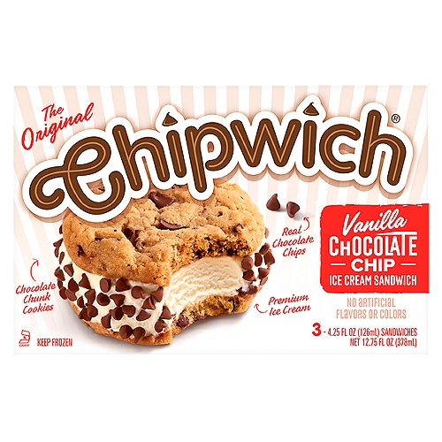 The One and Only. The Original Chipwich, made with premium vanilla ice cream, fresh baked chocolate chip cookies and real chocolate chips!