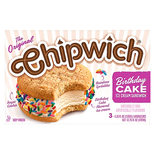 The Original Chipwich Birthday Cake Ice Cream Sandwich, 4.25 FL OZ, 3ct
The One and only Chipwich.
Chipwich invented the ice cream cookie sandwich craze in the 80's, and continues to set the standard today. Rich and creamy premium Birthday Cake flavored ice cream, fresh-baked sugar cookies and rainbow sprinkles-all in the same bite. It's cold, creamy, sweet and crunchy! Chipwich-the original ice cream cookie sandwich.
