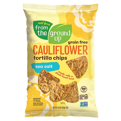 Real Food From the Ground Up Sea Salt Cauliflower Tortilla Chips, 4.5 oz
Mix up your snack game with the real sea salt M. V. C. - most versatile chip. Are you dippin' or just straight chippin'?

Hello snack lovers!
We like Real and More of it! That's why we're Keepin' It Real with a plant-based twist on all your snack faves. Real veggies, like cauliflower, to give you more of what you love - More flavor, More crunch, and More bites per serving! Talk about a Real good snack - More Please!