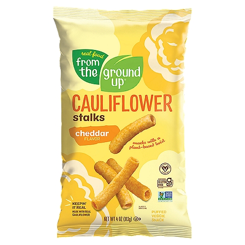 Real Food From The Ground Up Cheddar Flavor Cauliflower Stalks, 4 oz
Cheddar Cauliflower Stalk
No puffery here - this is what snack dreams are made of! Turn up the crunch on your cheddar flavored snack game!

Hello snack lovers!
We like Real and More of it! That's why we're Keepin' It Real with a plant-based twist on all your snack faves. Real veggies, like cauliflower, to give you more of what you love - More flavor, More crunch, and More bites per serving! Talk about a Real good snack - More Please!