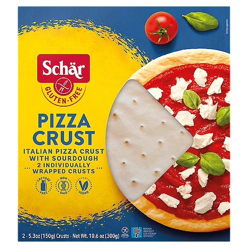 Schär Italian Pizza Crust with Sourdough, 5.3 oz, 2 count
Veggie Pizza
Topped with: Tomato Puree, Mozzarella, Oregano, Spinach, Peppers, Zucchini, Tomatoes

Freshness Sticker*
*do not eat or cut
Absorbs oxygen
Keeps the product fresh until you open it