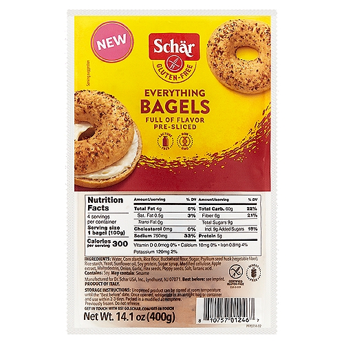 Schär Gluten-Free Full of Flavor Pre-Sliced Everything Bagels, 14.1 oz