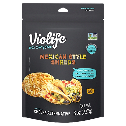Violife 100% Vegan Mexican Style Shreds Cheese Alternative, 8 oz
Cheddar, Mozzrella & Monterey Jack Flavored Blend