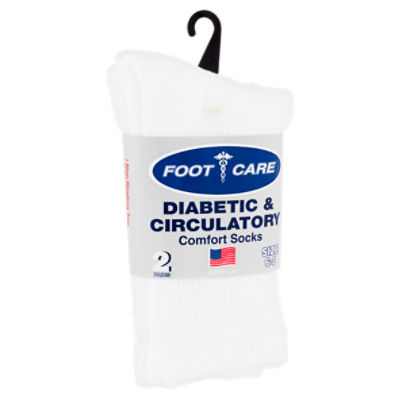 Foot Care Diabetic & Circulatory White Crew Comfort Socks, Size 6-8, 2 pairs