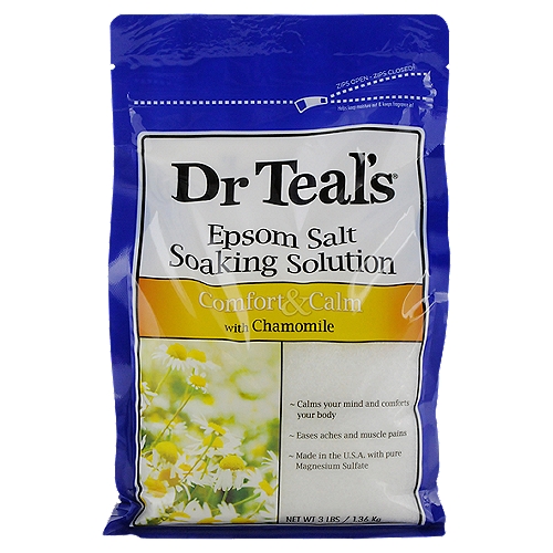 Dr Teal's Soak Solution Comfort & Calm, 3 lbs
Dr. Teal's Therapeutic Bath & Body products contain essential oils to soothe the senses, relax tense muscles and promote well-being. The comforting scent of Chamomile provides tension relief for sprains, aches, stings, pain and muscle cramps. This finished product is not tested on animals.

Dr Teal's Epsom Salt Soaking Solution combines Magnesium Sulfate, which is known to revitalize tired, achy muscles and refresh skin's appearance, with luxurious essential oils to soothe the senses and provide relief from stress.

The chamomile essential oil in this formula has many calming properties that ease the mind and body.