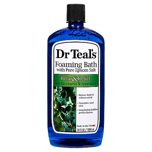 Dr Teal's Foaming Bath Relax & Relief with Eucalypts, 34 fl oz
For a relaxing bubble bath experience, try Dr. Teal's Foaming Bath - Relax & Relief. The foaming bath liquid with pure epsom salt helps cleanse and nourish your skin as it relaxes your body and mind. Made with luxurious essential oils like healing spearmint and eucalyptus, this bubble bath liquid creates a spa-like experience to help you unwind from the day's stress.

Dr Teal's® Foaming Bath transforms your bath into a relaxing spa with essential oils to soothe the senses, revitalize tired achy muscles & help provide relief from stress.
Spearmint is used as a restorative for the body, while Eucalyptus stimulates the senses.