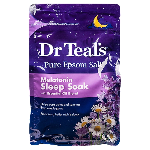 Dr Teal's Pure Epsom Salt Melatonin Sleep Soak, 3 lbs
Pure epsom salt to help ease aches and pains + melatonin to help regulate sleep + lavender & chamomile to help promote relaxation

Dr Teal's® Melatonin Sleep Soak combines pure epsom salt, which has long been known to help revitalize tired, achy muscles, with melatonin, a hormone that helps regulate sleep and wake cycles.
A blend of lavender & chamomile essential oils help reduce stress and encourage relaxation, promoting a better night's sleep.