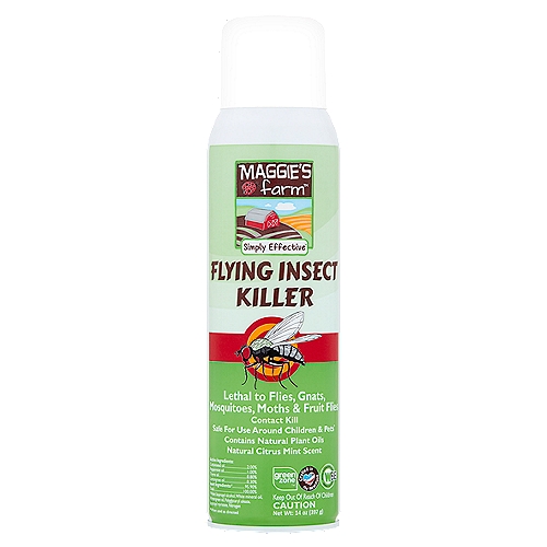 Maggie's Farm Simply Effective Flying Insect Killer Spray, 14 oz
Safe for use around children & pets*
*When used as directed

Green zone™

Maggie's Farm Flying Insect Killer kills bugs fast. Using natural plant oils as the active ingredients in a water-based formula, it leaves no harmful residues. Bugs are tough, but solutions should be simple and effective. Maggie's Farm is committed to offering products that are Simply Effective. It's as simple as that!