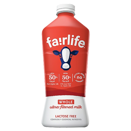 Fairlife Whole Ultra-Filtered Milk, 52 fl oz
No artificial growth hormones†
†FDA states: no significant difference has been shown between milk from cows treated and not treated with rBST growth hormones.

Soft filters concentrate our milk's goodness, like protein & calcium while filtering out half of the natural sugars.
From farm to bottle, our system allows us to trace our milk back to the farms from which it came. We strive to deliver quality every step of the way.
Sip, drink & chug ultra-filtered milk enjoy!

Per Serving
Fairlife® Whole: Protein: 13g; Sugar: 6g; Calcium: 380mg; Lactose: No
Regular Milk: Protein: 8g; Sugar: 12g; Calcium 276mg; Lactose: Yes
Almond Milk**: Protein: 1g; Sugar: 7g; Calcium: 451mg; Lactose: No
**Compared to the leading brand of almond milk