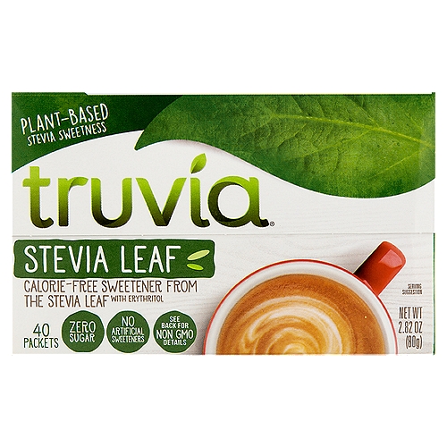 Truvia Stevia Leaf Calorie-Free Sweetener, 40 count, 2.82 oz
Stevia Leaf
Stevia Leaf Extract Provides Plant-based Sweetness From the Leaf of the Stevia Plant.
Dried Leaves Are Steeped in Water* This Unlocks the Best Tasting Part of the Leaf Which is Then Purified to Provide a Calorie-free Sweet Taste.

Erythritol
Erythritol Provides the Sugar-like Texture and Look People Love. It's Made Through a Fermentation Process and is Also Found in Fruits Like Grapes and Pears.*
*For more information about non GMO and ingredients visit truvia.com/faq

Natural Flavors
Natural Flavors Enhance the Clean Sweet Taste of Truvia® Original Calorie-Free Sweetener.

One packet provides the same sweetness as two teaspoons of sugar.