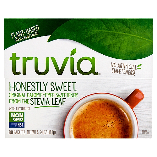 Truvia Honestly Sweet Original Calorie-Free Sweetener, 80 count, 5.64 oz
One packet provides the same sweetness as two teaspoons of sugar.

Stevia Leaf
Stevia Leaf Extract Provides Plant-Based Sweetness from the Leaf of the Stevia Plant.
Dried Leaves are Steeped in Water.* this Unlocks the Best Tasting Part of The Leaf Which is then Purified to Provide a Calorie-Free Sweet Taste.

Natural Flavors
Natural Flavors Enhance the Clean Sweet Taste of Truvia® Original Calorie-Free Sweetener.

Hello Sweetness!