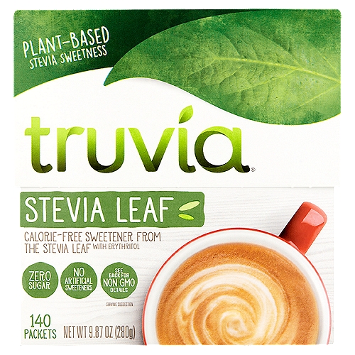 Truvia Original Calorie-Free Sweetener from the Stevia Leaf, 140 count, 9.87 oz
Honestly Sweet®

Simply 3 Ingredients
Stevia Leaf
Stevia Leaf Extract Provides Plant-Based Sweetness from the Leaf of the Stevia Plant.
Dried Leaves Are Steeped in Water.* This Unlocks the Best Tasting Part of the Leaf which is then Purified to Provide a Calorie-Free Sweet Taste.

Erythritol
Erythritol Provides the Sugar-Like Texture and Look People Love. It's Made Through a Fermentation Process and is Also Found in Fruits Like Grapes and Pears.*

Natural Flavors
Natural Flavors Enhance the Clean Sweet Taste of Truvia® Original Calorie-Free Sweetener.

*For more information about our ingredients go to Truvia.com/FAQ