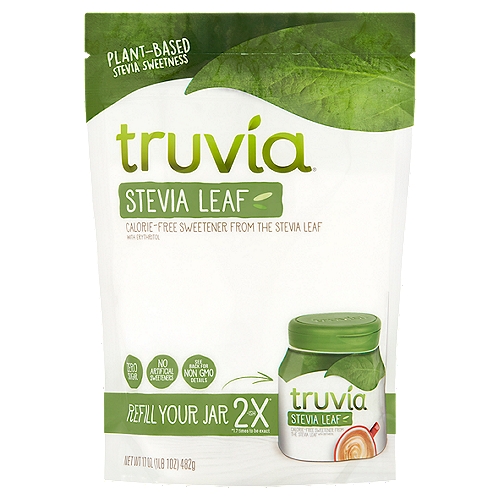 Truvia Calorie-Free Sweetener from the Stevia Leaf with Erythritol, 17 oz
Refill Your Jar 2-ishx*
*1.7 times to be exact

Refill Your Truvia® Spoonable Jar with the Same Zero-Calorie Sweetness You Love Using the Truvia® Spoonable Refill Bag.

Conversion Chart
Sugar: 2 tsp; Truvia® Refill Bag: ¾ tsp; Calories Saved: 32 calories
Sugar: 1 tbsp; Truvia® Refill Bag: 1¼ tsp; Calories Saved: 48 calories
Sugar: ¼ cup; Truvia® Refill Bag: 1 tbsp + 2 tsp; Calories Saved: 192 calories
Sugar: ⅓ cup; Truvia® Refill Bag: 2 tbsp + 1 tsp; Calories Saved: 256 calories