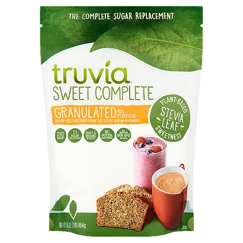 Truvia Sweet Complete All-Purpose Calorie-Free Sweetener from the Stevia Leaf, 16 oz
Naturally Sweet!*

Simply 3 Ingredients

Stevia Leaf
Stevia Leaf Extract Is Born from The Sweet Leaf of The Stevia Plant, Native to South America, Dried Stevia Leaves Are Steeped in Water - This Unlocks the Best Tasting Part of The Leaf Which Is Then Purified to Provide a Calorie-Free Sweet Taste.

Chicory Root
The Chicory Root Fiber in Truvia Sweet Complete Sweetener Comes from The Root of The Chicory Plant. Combined with The Sweetness of Stevia Leaf Extract and Erythritol, It Helps Truvia Sweet Complete Sweetener Bake and Brown in Recipes.

Erythritol
Erythritol is a Natural Sweetener, Produced by A Fermentation Process. Erythritol is Also Found in Fruits Like Grapes and Pears.

*For more information about our ingredients, visit Truvia.com/FAQ