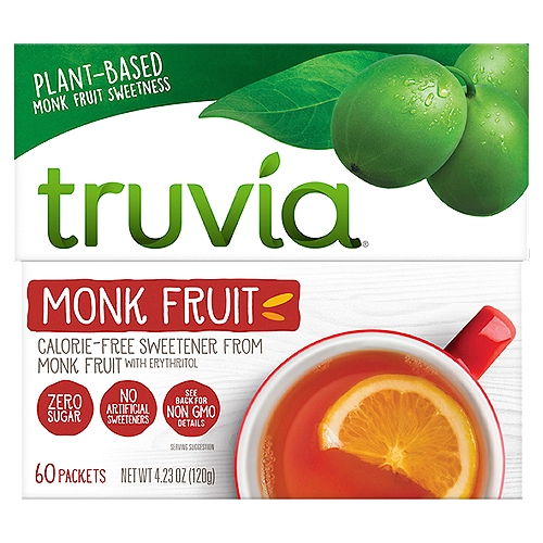 Truvia Monk Fruit Calorie-Free Sweetener, 60 count, 4.23 oz
Monk Fruit Extract
For Centuries, Monk Fruit Has Provided Delicious Sweetness to Food and Drinks.
Monk Fruit Extract is a Calorie-Free Sweetener that Comes from Monk Fruit, which is Native to the Mountains of China and Northern Thailand.

Erythritol
Erythritol Provides the Sugar-Like Texture and Look People Love. It's Made Through a Fermentation Process and is Also Found in Fruits Like Grapes and Pears.

Go Ahead, Stir into Your Favorite Beverage, Mix into Yogurt or Sprinkle onto Your Morning Cereal

One packet provides the same sweetness as two teaspoons of sugar.