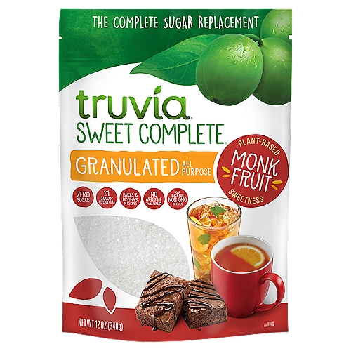 Truvia Sweet Complete Monk Fruit Granulated All Purpose Sweetener, 12 oz
The Complete Sugar Replacement
Use Truvia® Sweet Complete® Franulated in Beverages, Baked Treats or Wherever You Use Sugar.