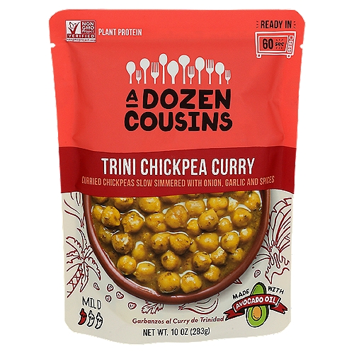 A Dozen Cousins Mild Trini Chickpea Curry, 10 oz
Curried Chickpeas Slow Simmered with Onion, Garlic and Spices