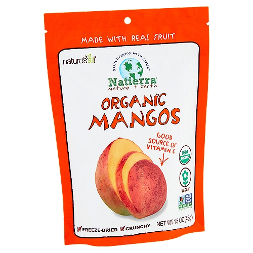 Nature's All Foods Natierra Organic Freeze-Dried Mangos, 1.5 oz
Vegan*
*Allergen Info: Packed in a facility that also handles milk, eggs, soy, and wheat.

Freeze-Drying Journey
It starts with an adventure
With good people
We take fresh organic fruit
Freeze it brrr!!!
Take out most of this
Keeping nutrients intact
To get a deliciously crunchy snack
And we get superfoods with soul

No sugar added*
*Not a low calorie food; see nutrition information for calorie and sugar content.