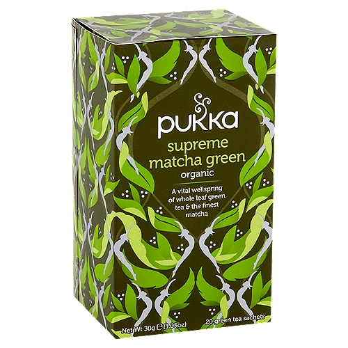 Pukka Organic Supreme Matcha Green Tea Sachets, 20 count, 1.05 oz
You are amazing
Pure herbs that offer essential ways to be supremely you. Emerald matcha - blending its magic with three exceptional organic green teas. Mornings are clean, green and supreme. Welcome to a whole new world.

Magic Matcha
Crafted from the ground tips of the youngest green tea leaves, matcha is revered for its legendary properties. Our organic matcha comes from the world heritage site of Jeju-Do - a volcanic island of incomparable vitality.
