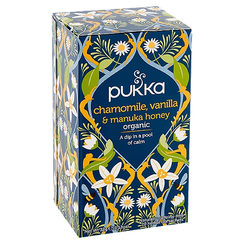 Pukka Organic Chamomile, Vanilla & Manuka Honey Herbal Tea, 20 count, 1.12 oznBe BlissnEmbrace the web of modern life and allow the tangles to unwind. Here is a pool of serenity. Sweet vanilla and manuka honey with deliciously supportive chamomile. Nature's most treasured botanicals woven to make every cup a moment of blissful tranquillity.nEvery Pukka tea uses the highest grade organic herbs. Each one blending our herbal wisdom with delicious flavors to help you lead a fairer, happier life.nSebastian PolenMaster herbsmithnnFlower PowernThree incredible organic jewels: Chamomile - gorgeous flowers in every box; Vanilla - whose orchid flowers are hand pollinated; Manuka honey - from bees that thrive on manuka flower power.
